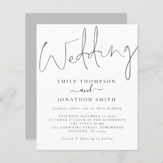 Papier Budget moderne Script blanc gris Faire-part de mar (Devant / Derrière)