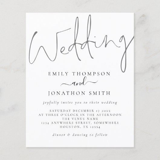 Papier Budget moderne Script blanc gris Faire-part de mar (Devant)