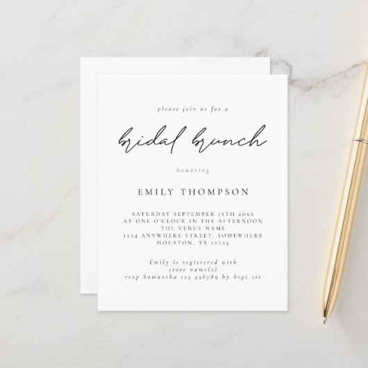 Papier Budget Moderne Script Bridal Brunch Invitation dou (Devant/Arrière en situation)