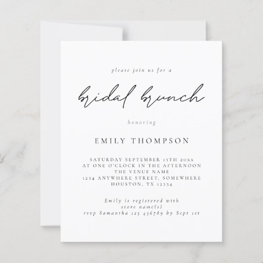 Papier Budget Moderne Script Bridal Brunch Invitation dou (Devant)