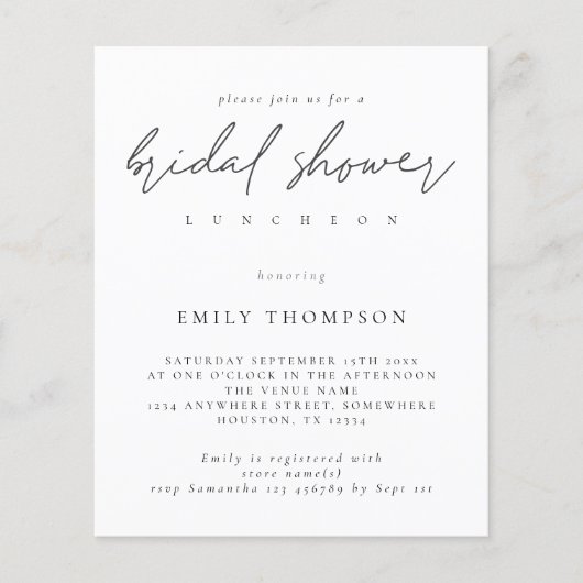Papier Budget Moderne Script Bridal Douche Invitation (Devant)