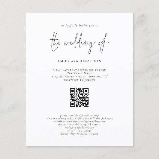 Papier Budget Moderne Script QR Code Faire-part de mariag (Devant)