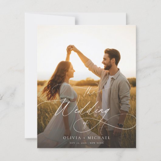 Papier Budget Moderne Script Sunset Photo Wedding Invite (Devant)