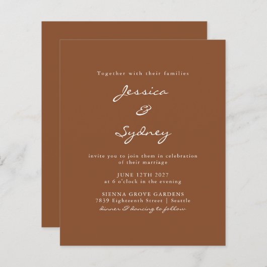 Papier Budget moderne Sienna Script Faire-part de mariage (Devant / Derrière)