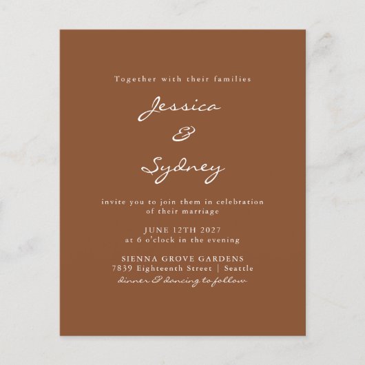 Papier Budget moderne Sienna Script Faire-part de mariage (Devant)