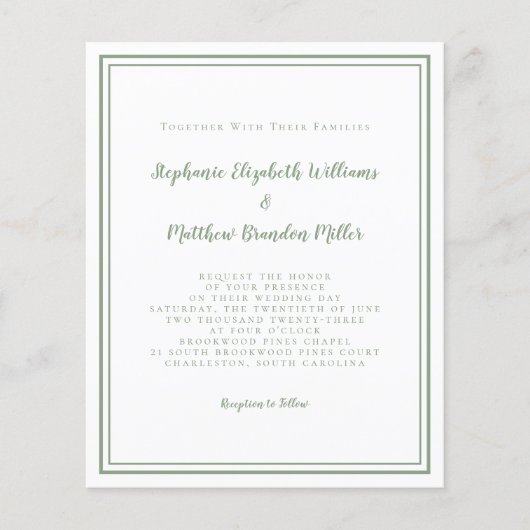 Papier Budget moderne Simple Sage Vert Faire-part de mari (Devant)