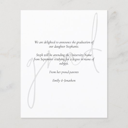 Papier Budget Monochrome Script Graduate Faire-part (Dos)