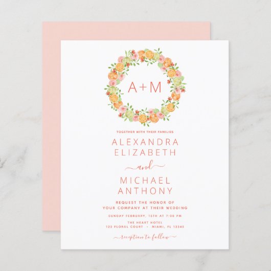 Papier Budget Monogram Blush Pink Citrus Floral Mariage (Devant / Derrière)