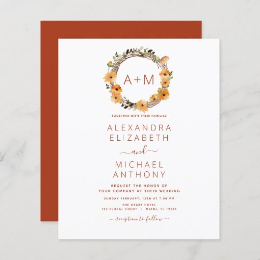Papier Budget Monogramme Burange Orange Floral Mariage (Devant / Derrière)