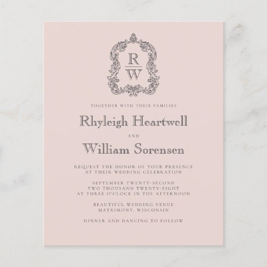 Papier Budget Monogramme Crest Blush QR Code Mariage Invi (Devant)