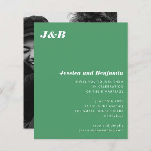 Papier Budget Monogramme Green Photo Faire-part de mariag (Devant / Derrière)