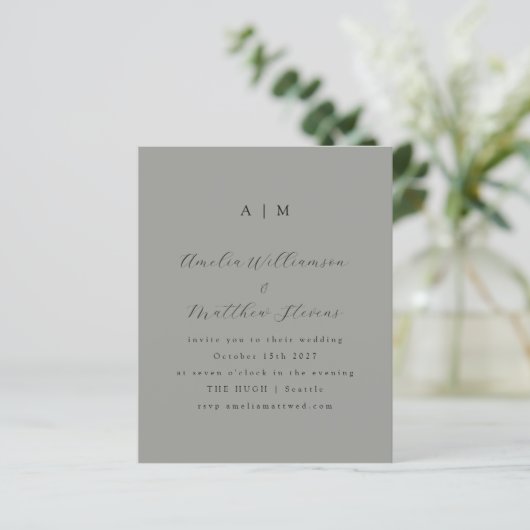 Papier Budget Monogramme Gris Faire-part de mariage minim (Debout devant)