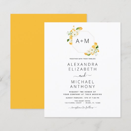 Papier Budget Monogramme Jaune Orange Mariage Floral (Devant / Derrière)