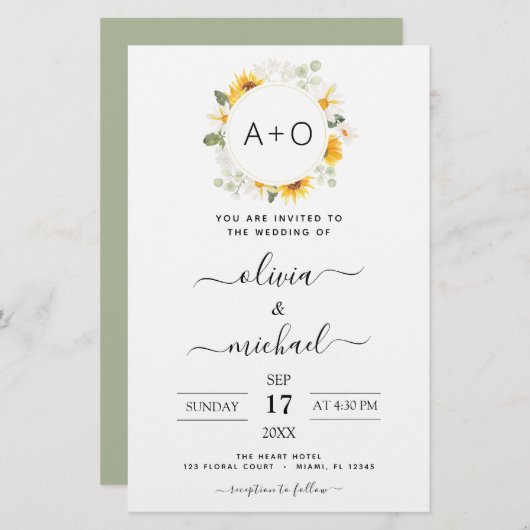 Papier Budget Monogramme tournesol Eucalyptus Mariage (Devant / Derrière)