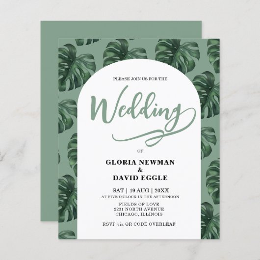Papier Budget Monstera Leaves Wedding QR Code Invitation (Devant / Derrière)