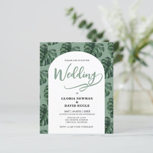 Papier Budget Monstera Leaves Wedding QR Code Invitation (Debout devant)