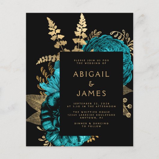 Papier Budget Moody Floral Turquoise Or QR Code Mariage (Devant)