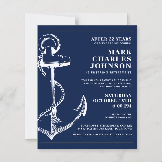 Papier Budget Nautical Marine Ancre Retraite Invitation (Devant)
