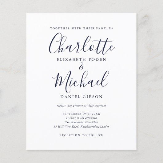 Papier Budget Navy Blue Chic Script Faire-part de mariage (Devant)