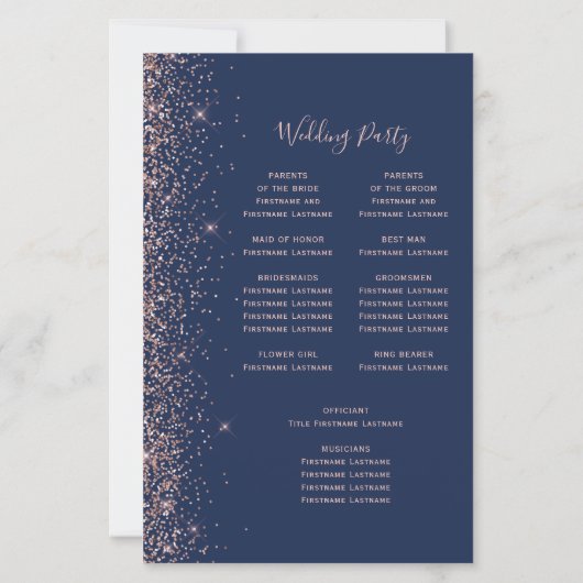 Papier Budget Navy Blue Rose Gold Glitter Wedding Program (Dos)
