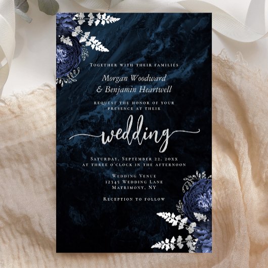 Papier Budget Navy Blue Silver Floral Wedding Invitation