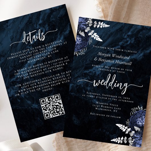Papier Budget Navy Silver Floral QR Code Wedding Invite