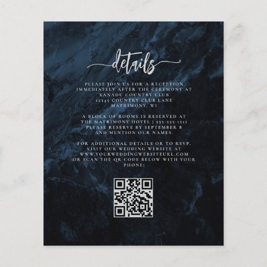 Papier Budget Navy Silver Floral QR Code Wedding Invite (Dos)