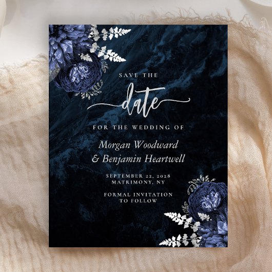Papier Budget Navy Silver Floral Wedding Save the Date