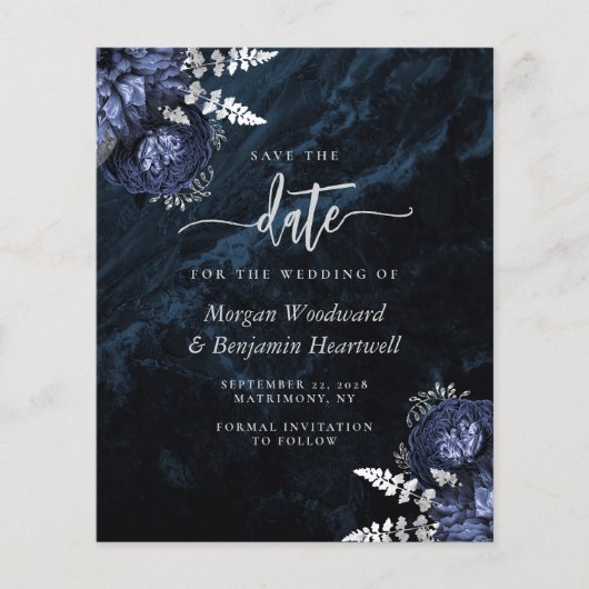 Papier Budget Navy Silver Floral Wedding Save the Date (Devant)