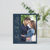 Papier Budget Navy Wedding Photo Wimshical Script  (Debout devant)