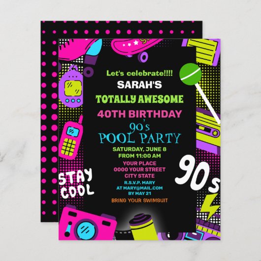 Papier Budget Neon Retro 90's Anniversaire Pool Invitatio (Devant / Derrière)