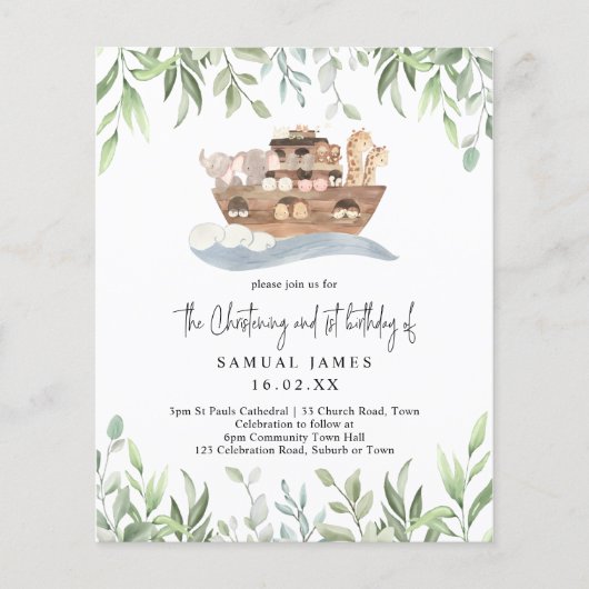 Papier Budget Noahs Ark Green Christening & 1er anniversa (Devant)