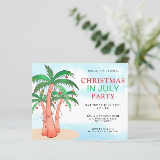 Papier Budget Noël En Juillet Parti Palm Trees Invitation (Debout devant)