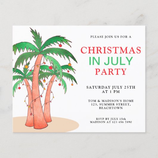 Papier Budget Noël En Juillet Parti Palm Trees Invitation (Devant)