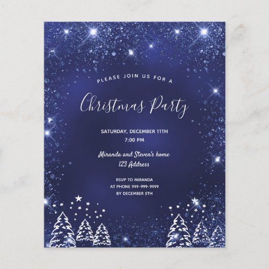 Papier Budget Noël fête bleue parties scintillant invitat (Devant)