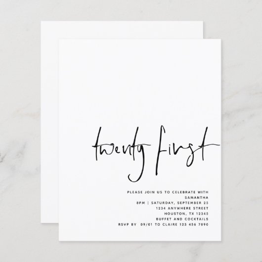 Papier Budget noir Script blanc 21e anniversaire Invitati (Devant / Derrière)