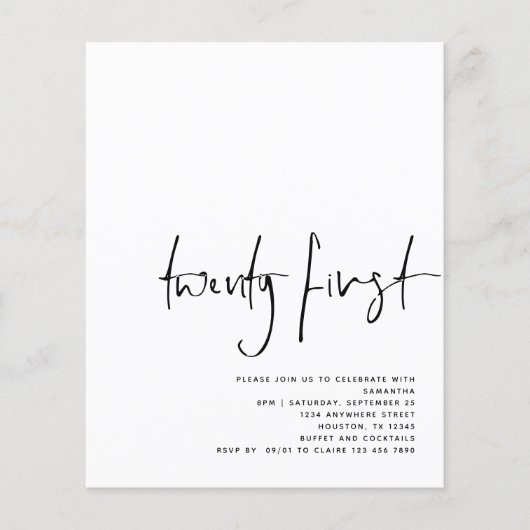 Papier Budget noir Script blanc 21e anniversaire Invitati (Devant)