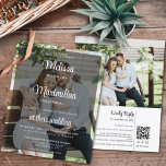 Papier Budget noir transparent 2 photo QR Code RSVP<br><div class="desc">Un faire-part de mariage photo tout-en-un moderne et branché affichant vos informations mariages sur l'une de vos photos préférées avec une superposition transparente en noir et accentué par un élégant script blanc, mais avec un oeil sur le budget. Facilement personnalisable avec vos détails de cérémonie mariage en blanc pour un...</div>