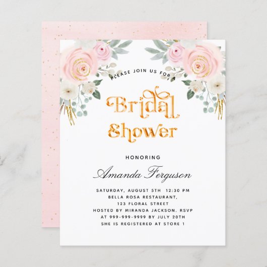 Papier Budget nuptiale douche rose pâle invitation floral (Devant / Derrière)
