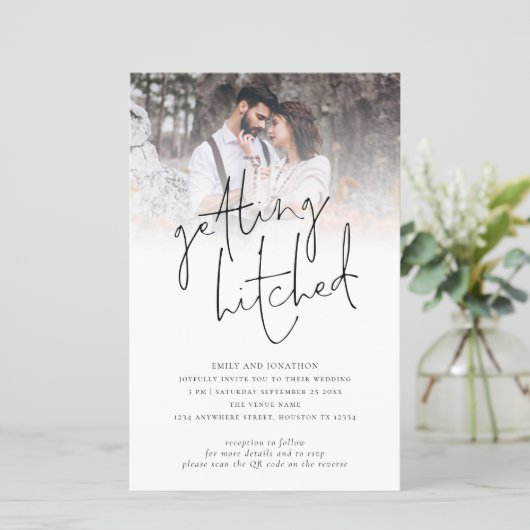 Papier Budget Obtenir Hitched Photo QR Wedding Invitation (Debout devant)