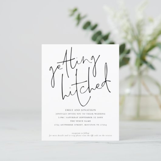 Papier Budget Obtenir Hitched Script QR Wedding Invitatio (Debout devant)