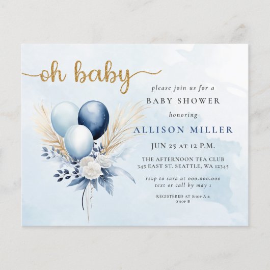 Papier Budget Oh Baby Blue Gold Boho Baby shower garçon (Devant)