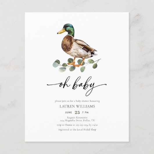 Papier Budget Oh Baby Mallard Canard Baby shower Invitati (Devant)