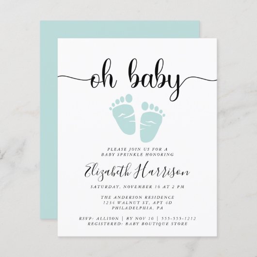 Papier Budget Oh Baby Mint Green Sprinkle Invitation (Devant / Derrière)