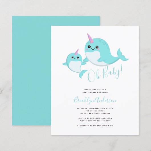 Papier Budget Oh Baby Narwhal Baby shower Invitation (Devant / Derrière)