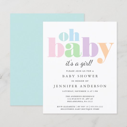 Papier Budget Oh Baby Pastel Baby shower Invitation (Devant / Derrière)