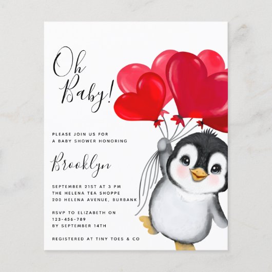 Papier Budget Oh Baby Penguin Baby shower Invitation (Devant)