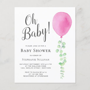 Papier Budget Oh Baby Pink Balloon Baby shower Invitation