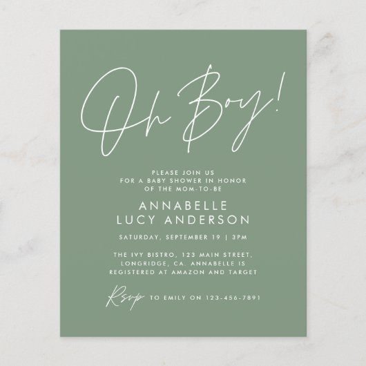 Papier budget oh Boy baby shower script vert élégant (Devant)