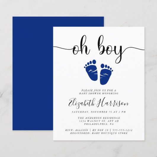 Papier Budget Oh Boy Marine Baby shower bleu Invitation (Devant / Derrière)